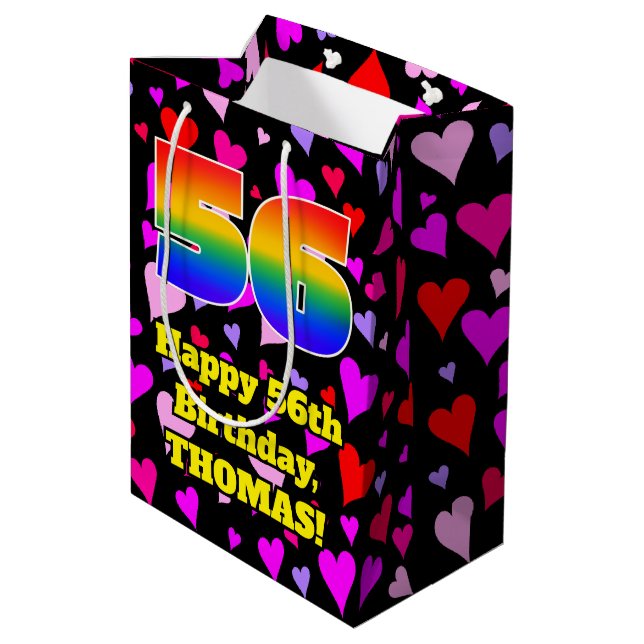56th Birthday: Loving Hearts Pattern, Rainbow # 56 Medium Gift Bag (Back Angled)