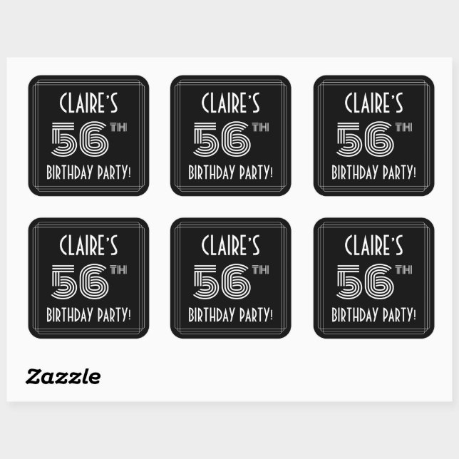 56th Birthday Party: Art Deco Style & Custom Name Square Sticker (Sheet)