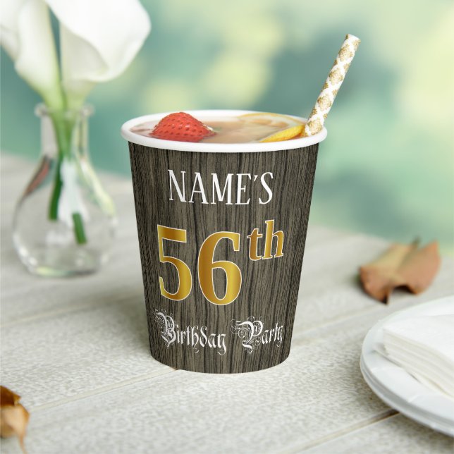 56th Birthday Party — Faux Gold & Faux Wood Looks Paper Cups (Insitu)