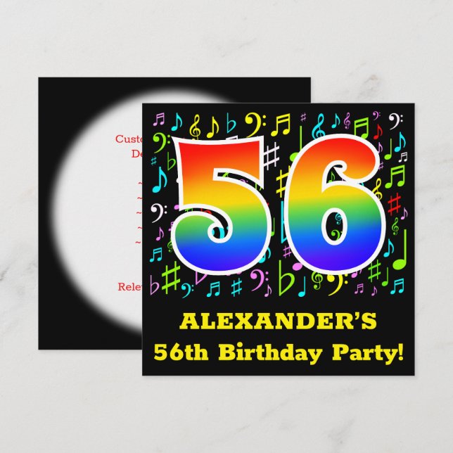 56th Birthday Party: Fun Music Symbols, Rainbow 56 Invitation (Front/Back)