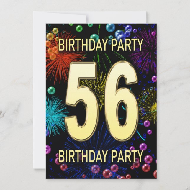 56th Birthday Party Invitation Fireworks Bubbles (Front)