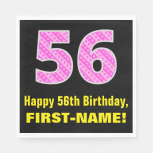56th Birthday: Pink Stripes and Hearts "56" + Name Napkin