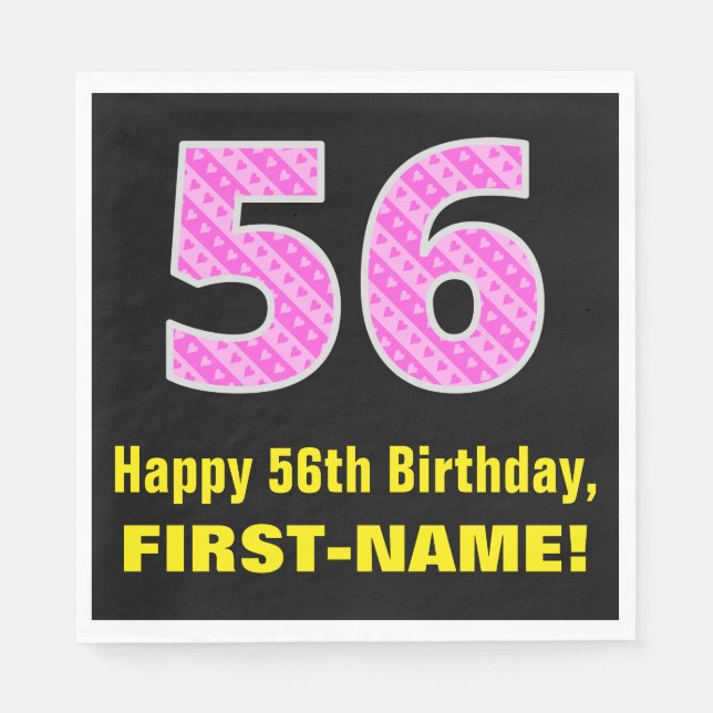 56th Birthday: Pink Stripes and Hearts "56" + Name Napkin (Front)
