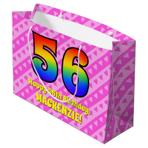 56th Birthday: Pink Stripes & Hearts, Rainbow # 56 Large Gift Bag