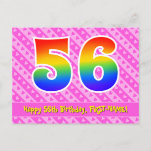 56th Birthday: Pink Stripes & Hearts, Rainbow 56 Postcard