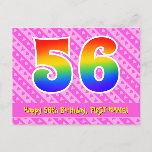 56th Birthday: Pink Stripes & Hearts, Rainbow 56 Postcard (Front)