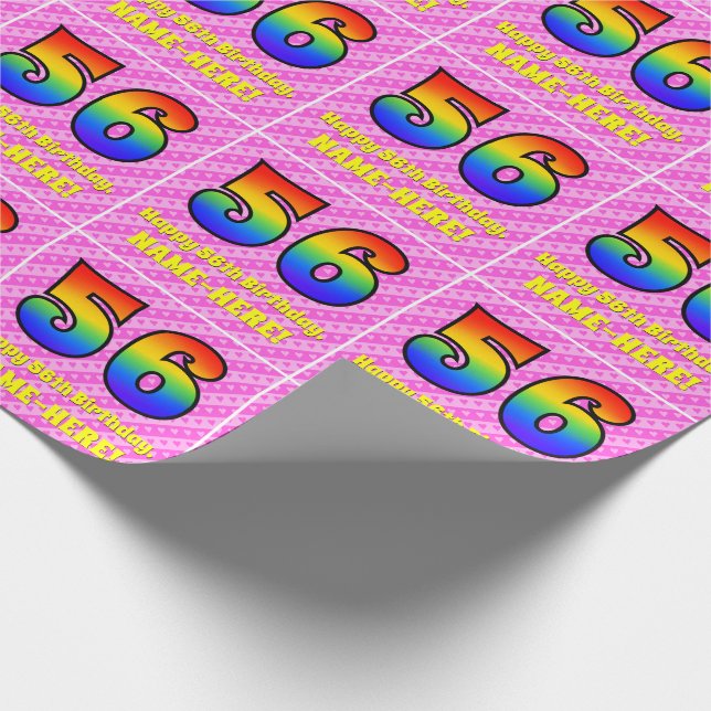 56th Birthday: Pink Stripes & Hearts, Rainbow # 56 Wrapping Paper (Corner)