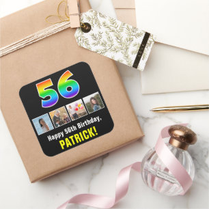 56th Birthday: Rainbow “56”; Custom Photos & Name Square Sticker