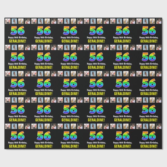 56th Birthday: Rainbow “56“; Custom Photos & Name Wrapping Paper (Flat)