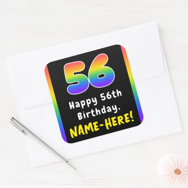 56th Birthday: Rainbow Spectrum # 56, Custom Name Square Sticker (Envelope)