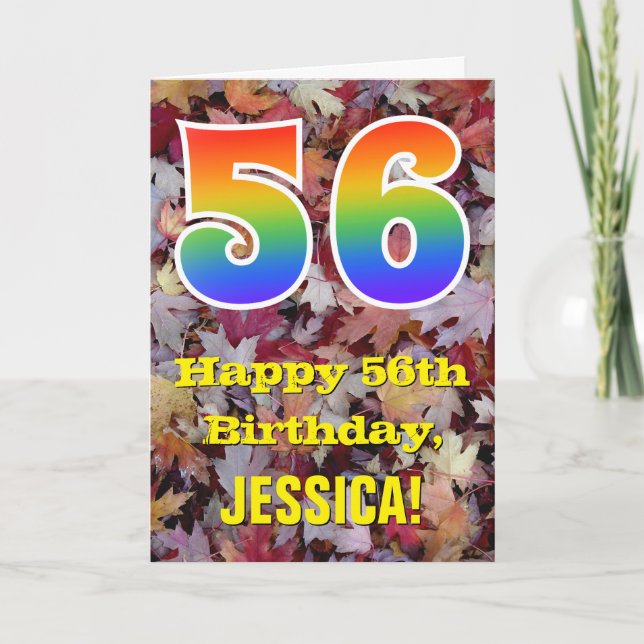56th Birthday; Rustic Autumn Leaves; Rainbow "56" Card (Front)