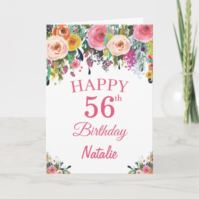 56th Birthday Watercolor Floral Flowers Pink Card (Front)
