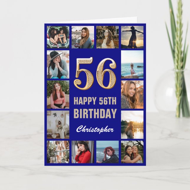 56th Happy Birthday Navy Blue & Gold Photo Collage Card (Front)