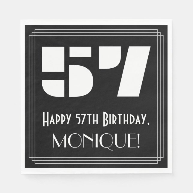 57th Birthday: Art Deco Inspired Look "57" + Name Napkin (Front)