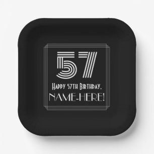 57th Birthday — Art Deco Inspired Look “57” + Name Paper Plate