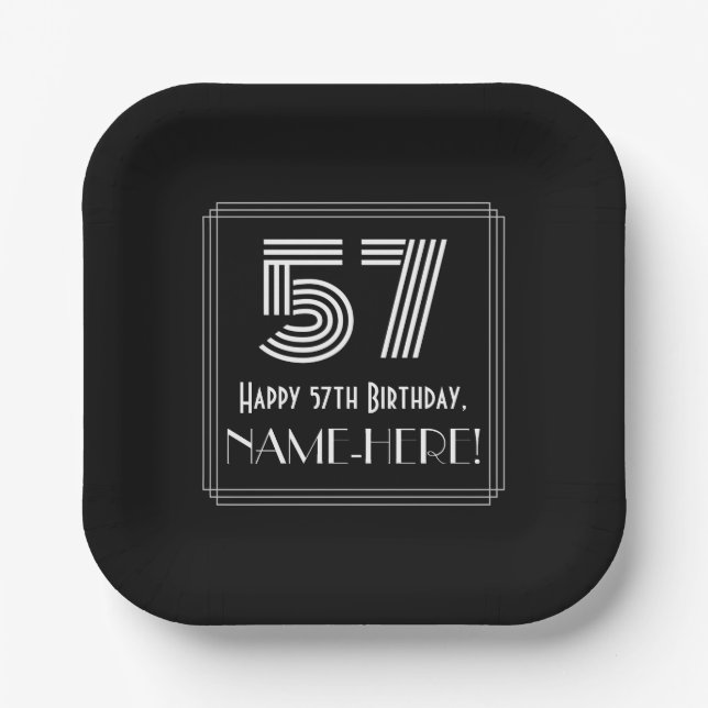 57th Birthday — Art Deco Inspired Look “57” + Name Paper Plate (Front)