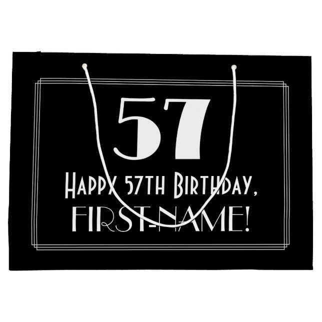 57th Birthday: Art Deco Inspired Style "57", Name Large Gift Bag (Back)