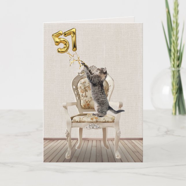57th Birthday Balloons and Tabby Cat Card (Front)