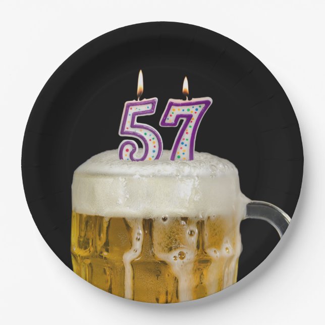 57th Birthday Beer on black Paper Plate (Front)