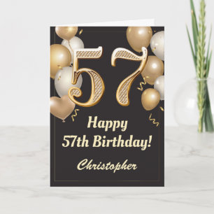 57th Birthday Black and Gold Balloons Confetti Card