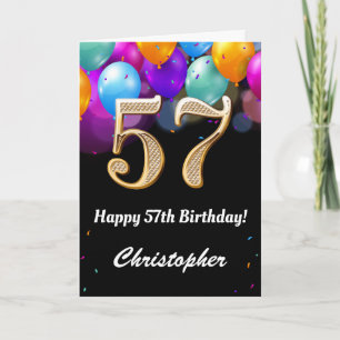 57th Birthday Black and Gold Colourful Balloons Card