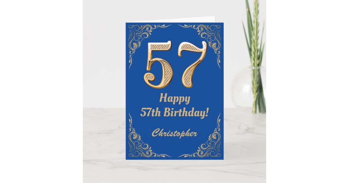 57th Birthday Blue and Gold Glitter Frame Card | Zazzle