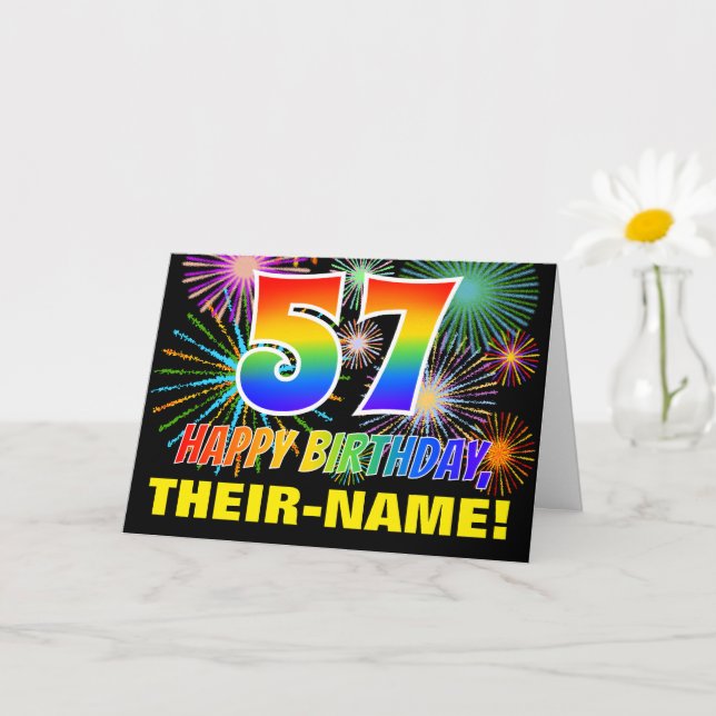 57th Birthday: Bold, Fun, Fireworks, Rainbow 57 Card (Small Plant)