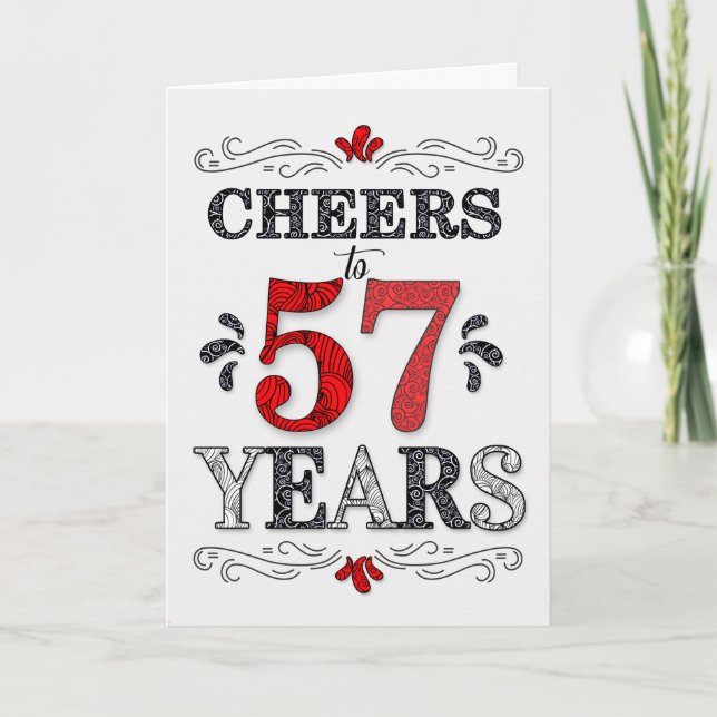 57th Birthday Cheers in Red White Black Pattern Card (Front)