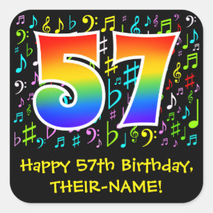 57th Birthday: Colourful Music Symbols, Rainbow 57 Square Sticker