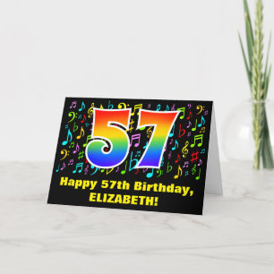 57th Birthday: Colourful Music Symbols & Rainbow 5 Card