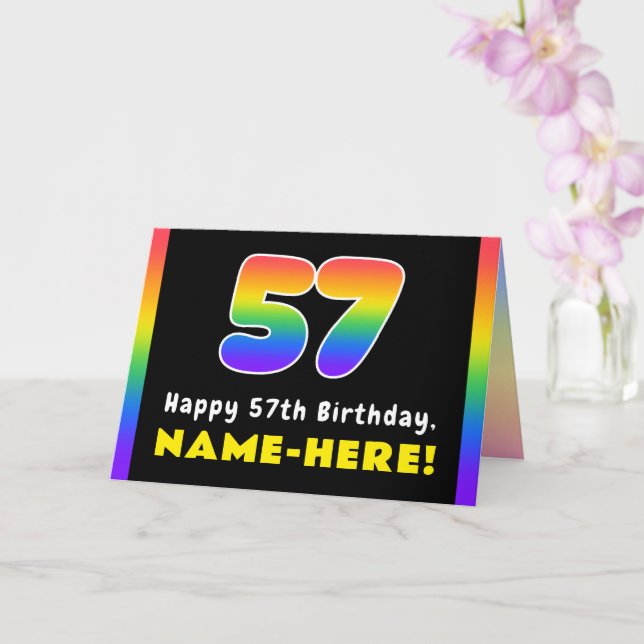 57th Birthday: Colourful Rainbow # 57, Custom Name Card (Orchid)