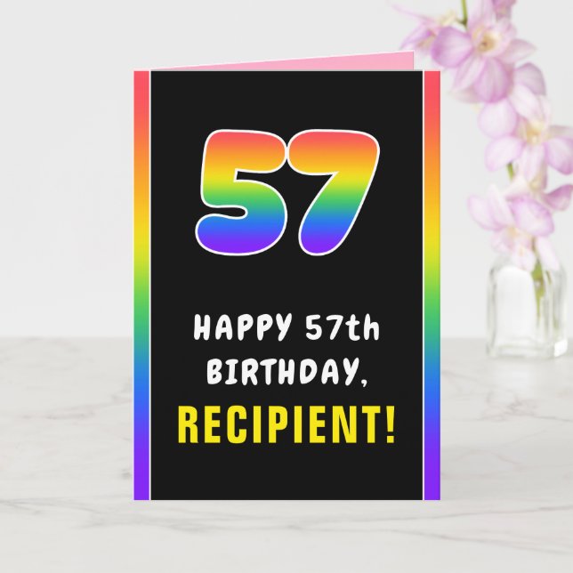 57th Birthday: Colourful Rainbow # 57, Custom Name Card (Orchid)