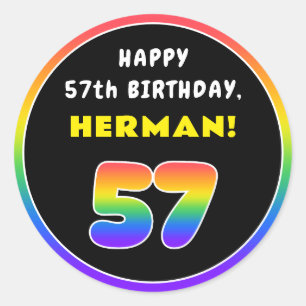 57th Birthday: Colourful Rainbow # 57, Custom Name Classic Round Sticker