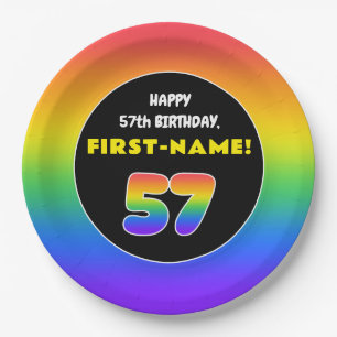 57th Birthday: Colourful Rainbow # 57, Custom Name Paper Plate