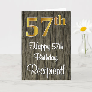 57th Birthday: Elegant Faux Gold Look #, Faux Wood Card