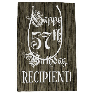 57th Birthday: Fancy, Faux Wood Look + Custom Name Medium Gift Bag