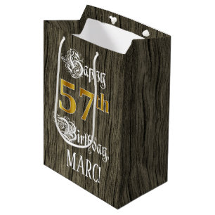 57th Birthday: Faux Gold Look & Faux Wood Pattern Medium Gift Bag