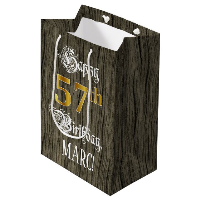 57th Birthday: Faux Gold Look & Faux Wood Pattern Medium Gift Bag (Front Angled)