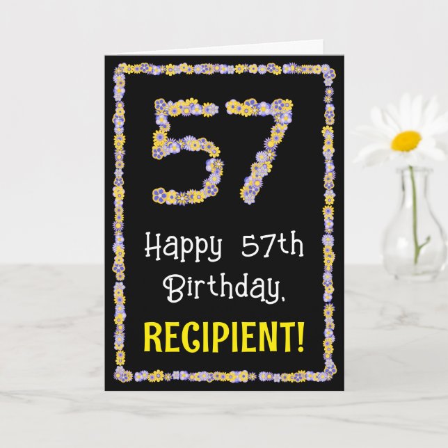 57th Birthday: Floral Flowers Number, Custom Name Card (Small Plant)