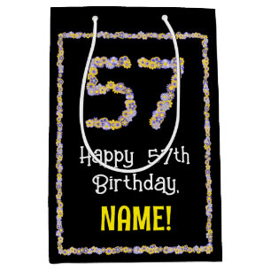 57th Birthday: Floral Flowers Number, Custom Name Medium Gift Bag