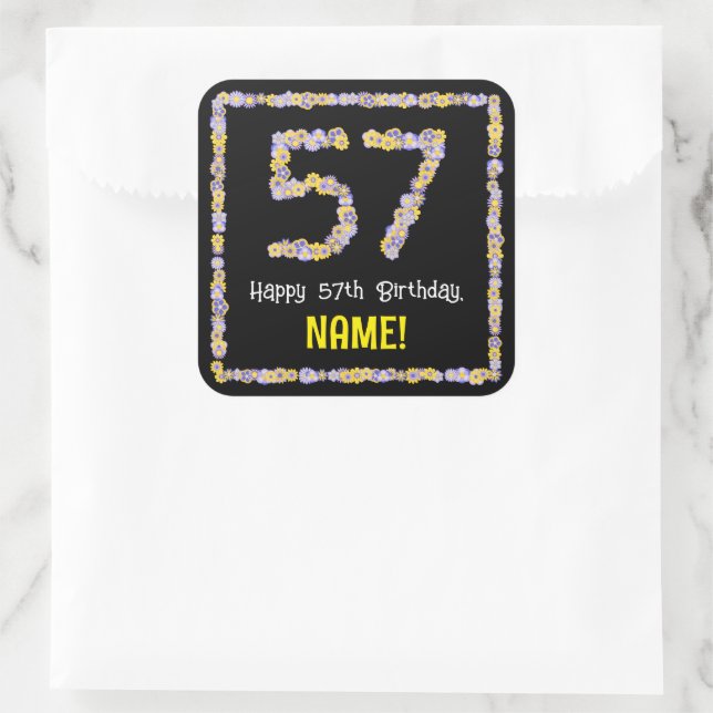 57th Birthday: Floral Flowers Number, Custom Name Square Sticker (Bag)