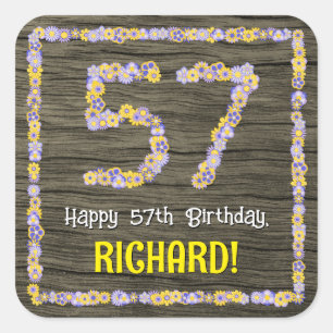 57th Birthday: Floral Number, Faux Wood Look, Name Square Sticker