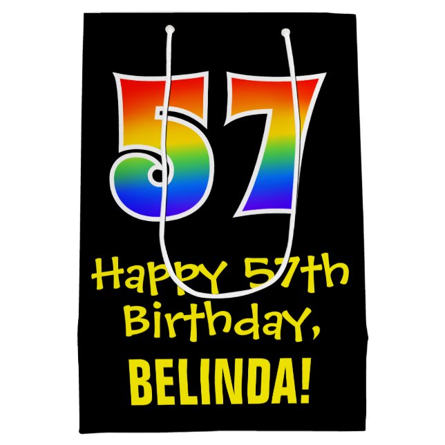 57th Birthday: Fun, Bold, Colourful, Rainbow "57" Medium Gift Bag (Back)