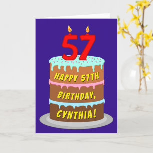 57th Birthday: Fun Cake and Candles + Custom Name Card