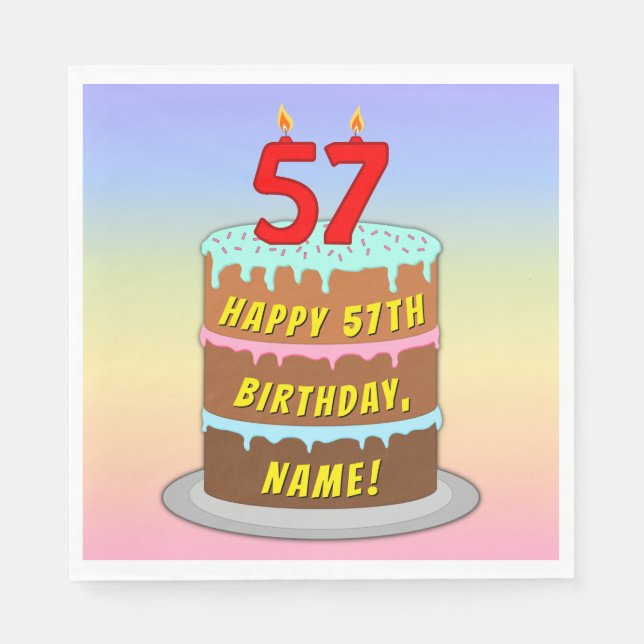 57th Birthday: Fun Cake and Candles + Custom Name Napkin (Front)