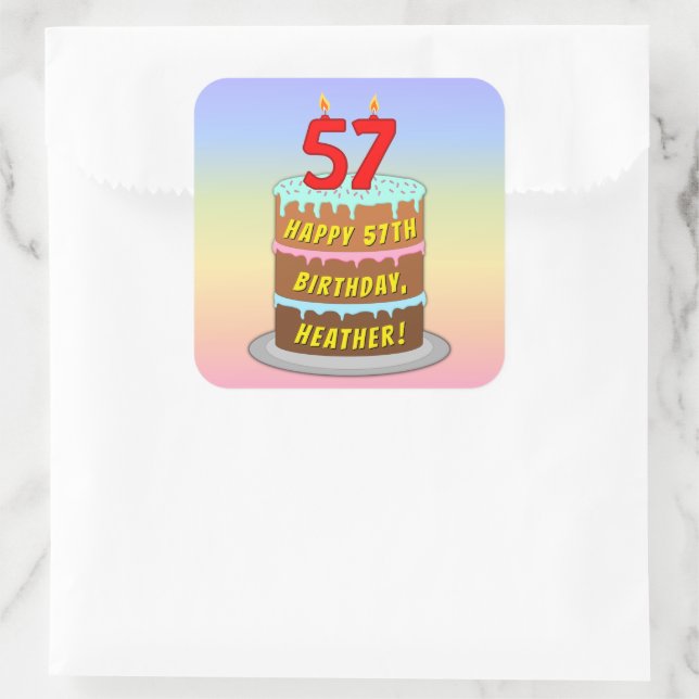 57th Birthday: Fun Cake and Candles + Custom Name Square Sticker (Bag)