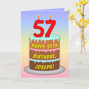 57th Birthday — Fun Cake & Candles, w/ Custom Name Card