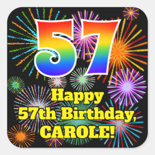 57th Birthday: Fun Fireworks Look, Rainbow # 57 Square Sticker