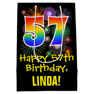 57th Birthday: Fun Fireworks Pattern + Rainbow 57 Medium Gift Bag