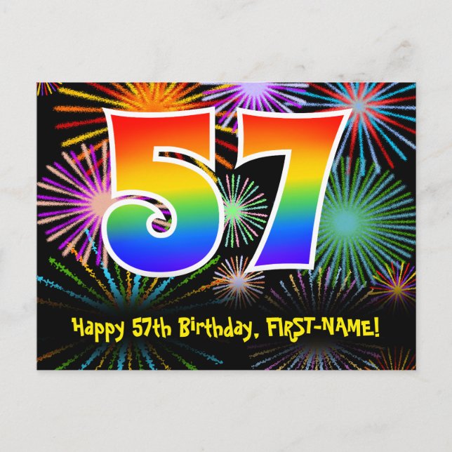 57th Birthday – Fun Fireworks Pattern + Rainbow 57 Postcard (Front)